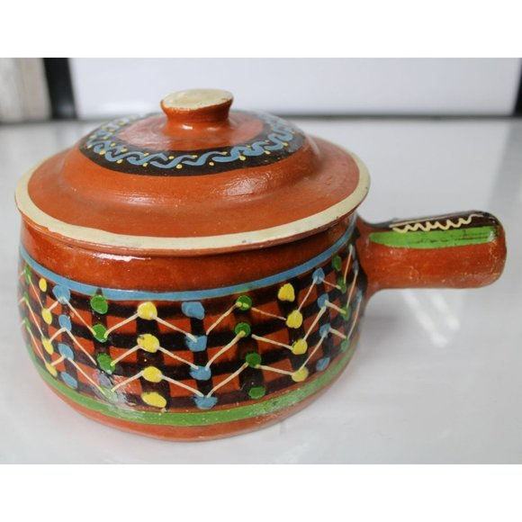 Vintage Mexican Tlaquepaque Hand Painted Red Clay Handled Pot - Picture 1 of 7